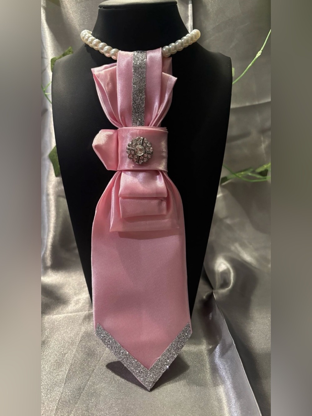 Pink Satin Bow Women Tie with Rhinestone Accent
